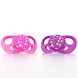 Set of 2 pacifiers for infants 4 months and up, featuring pink and purple colors with floral designs.