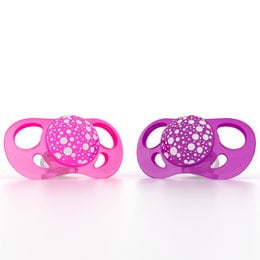 Set of 2 pacifiers for infants 4 months and up, featuring pink and purple colors with floral designs.