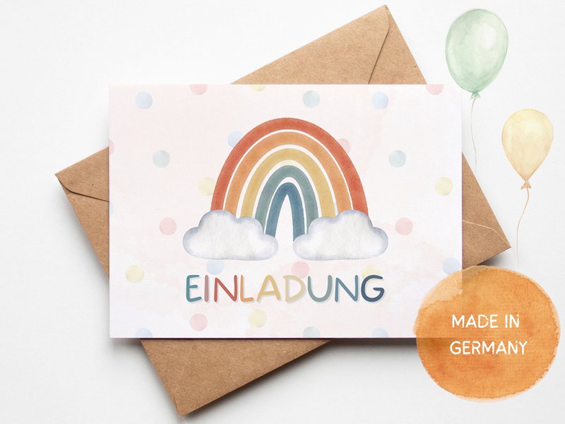 Rainbow invitationskort og yndlingsposer sæt til regnbuebørns fødselsdagsfest