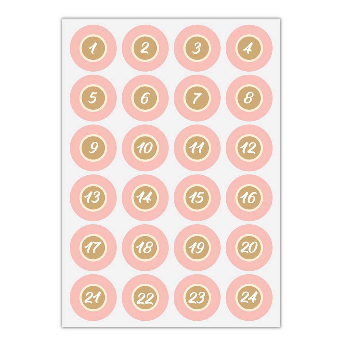 24 classic, reduced advent stickers with handwriting numbers 1 - 24 on pink, MATTE paper stickers for advent calendars (ø 45mm; 24 numbers) color 5