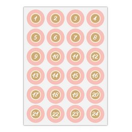 24 classic, reduced advent stickers with handwritten numbers 1 - 24 on pink, matte paper for advent calendars. Circular stickers measuring 45mm in diameter, available in packs of 5, 24, or 54.