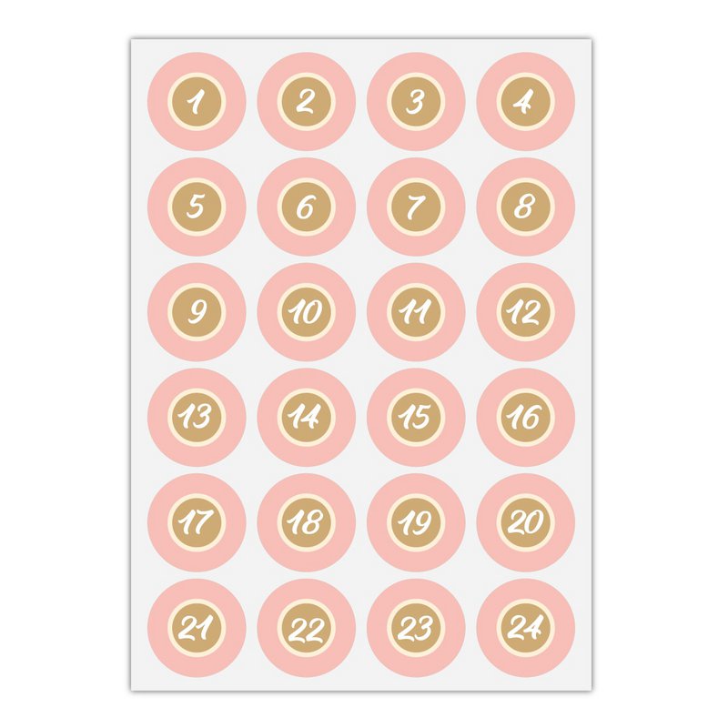 24 classic, reduced advent stickers with handwriting numbers 1 - 24 on pink, MATTE paper stickers for advent calendars (ø 45mm; 24 numbers) color 5