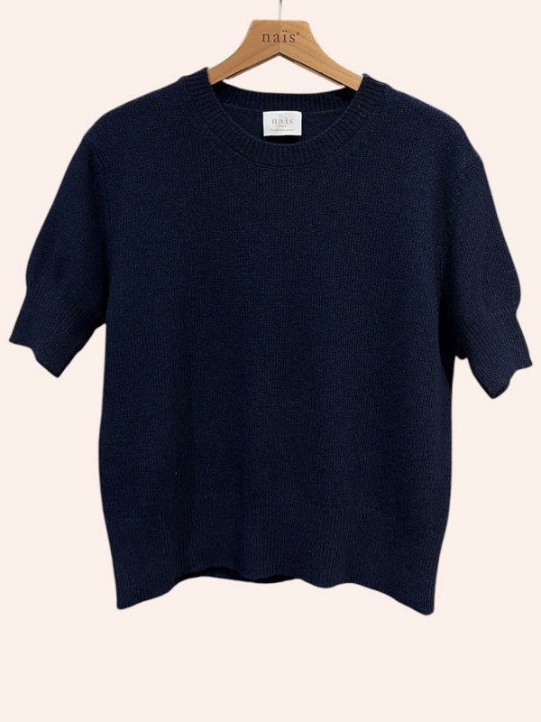 Pull col rond manches courtes en 50% cachemire et 22% laine