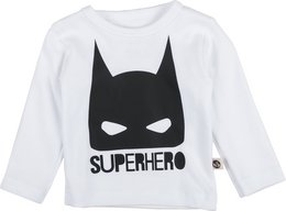 White long-sleeved t-shirt with black superhero mask graphic and "SUPERHERO" text. Made of soft, comfortable cotton material.