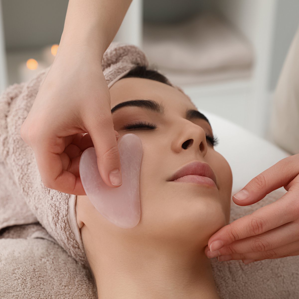 Maska na oczy ThermoConfort i zestaw Gua Sha z kwarcu różowego – Termoterapia – Niezbędne akcesoria kosmetyczne – Kamień naturalny – Narzędzie do liftingu