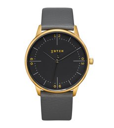 Gold and slate grey watch with black dial and gold-tone case.