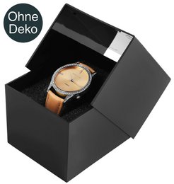 Plastic watch box, black, hinged lid, pack of 12, 9.9 cm x 8.1 cm x 6.8 cm