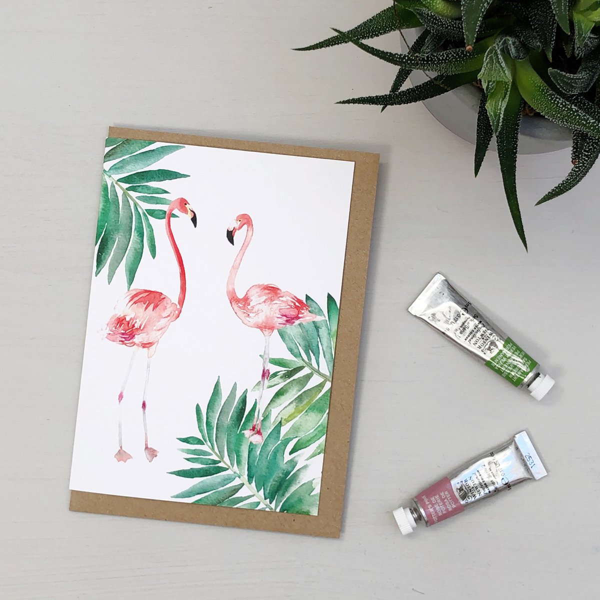 Flamingos Tropical håndmalet lykønskningskort