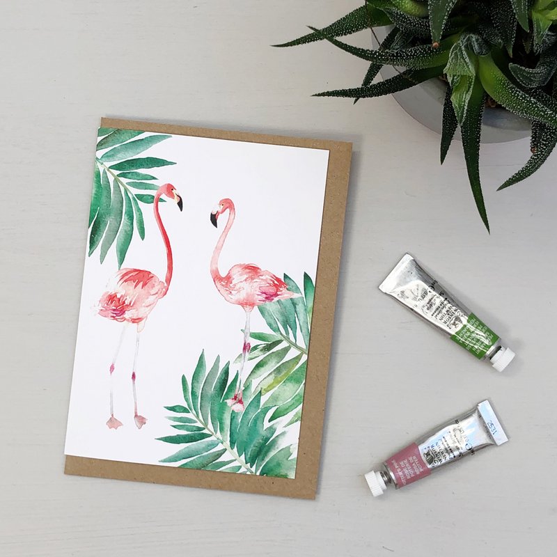 Flamingos Tropical hand painted greetings card