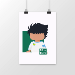 A poster featuring a cartoon character with dark hair and a game controller, standing in front of a green background with the text "AT IT".