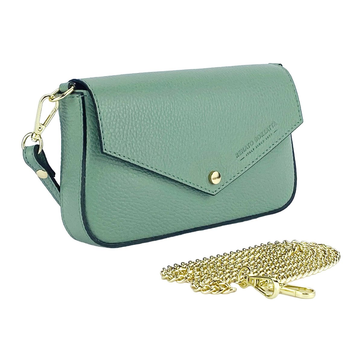 RB1023BF | Kleine Umhängetasche mit abnehmbarem Kettenschultergurt aus echtem Leder, hergestellt in Italien. Verschlussklappe. Metallaccessoires in glänzendem Gold – Farbe Mint – Maße: 22 x 12 x 3 cm