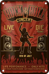 Blechschild Retro 12x18cm Rock n Roll Concert live 9th july Dekoration