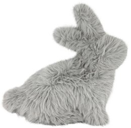 A gray, fluffy, rabbit-shaped cushion. The cushion has a soft, plush texture and a rabbit-like silhouette, making it an adorable and cozy home decor item.