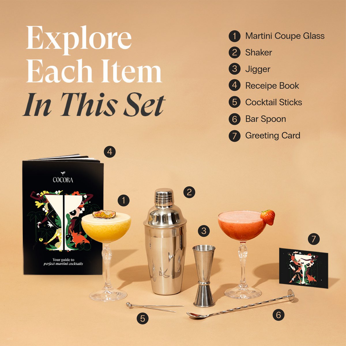 Cocora Martini Gift Set - 8-piece Stainless Steel Cocktail Set - Cocktail Shaker - Coupe Martini Glasses - Cocktail Book - Sustainable