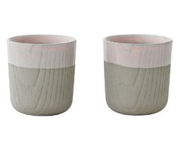 A set of 2 pale pink 80ml mugs with a textured, wood-like exterior design.