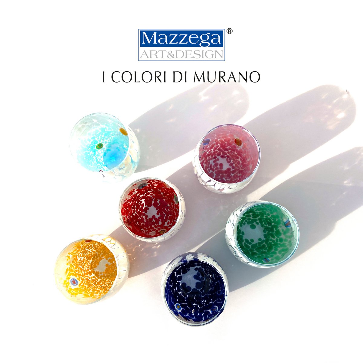6 große zweifarbige Wassergläser aus mundgeblasenem und handgefertigtem Glas mit Murano-Murrine, Linie „I Colori di Murano“, 435 ml. Hergestellt in Italien