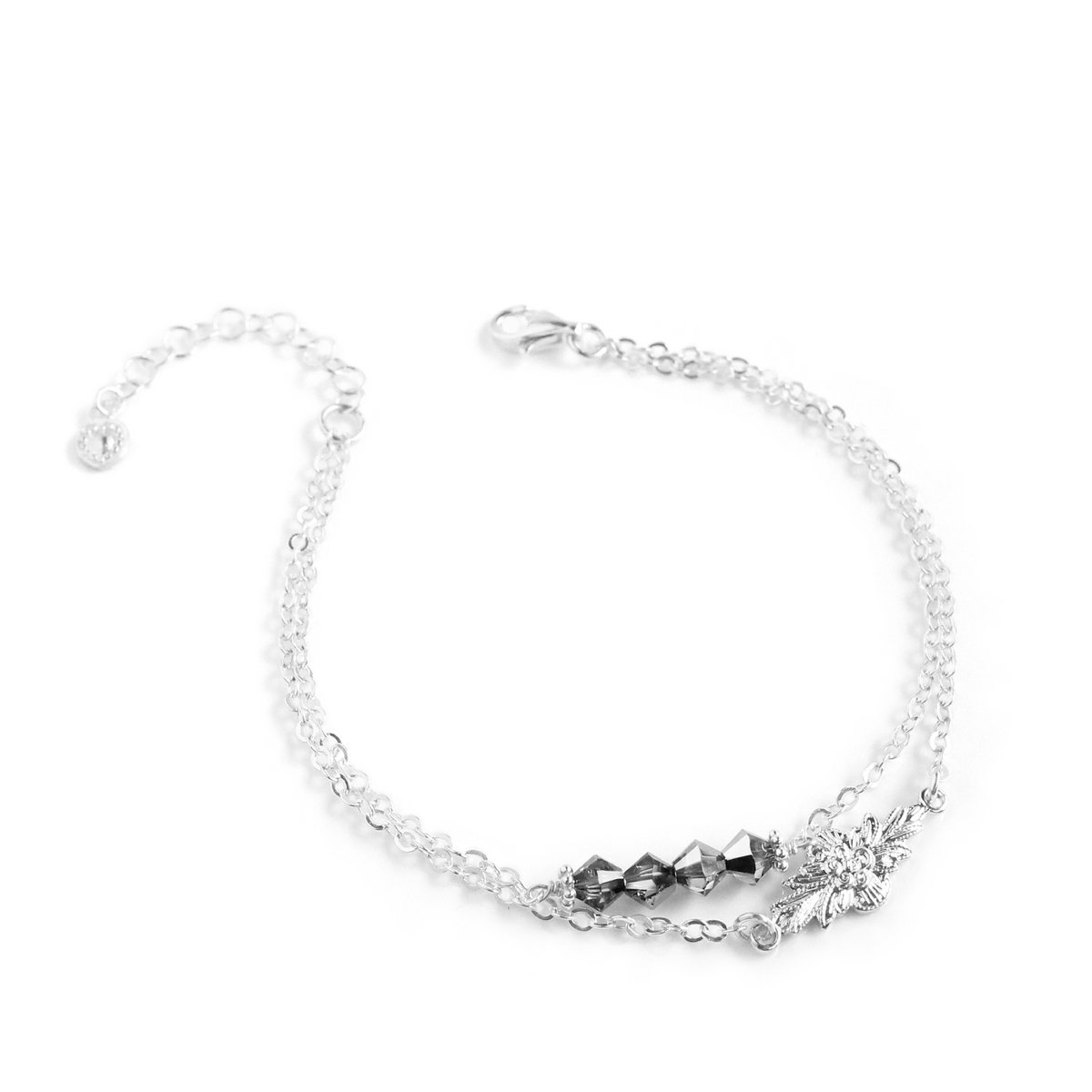 Rhodium plated double chain bracelet with "Black Silver Night" crystals