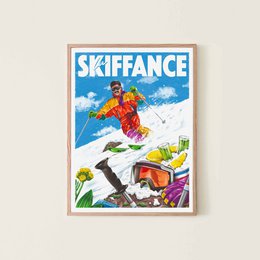 Colorful poster featuring a skier in bright orange and yellow ski gear against a snowy mountain backdrop with ski equipment in the foreground.