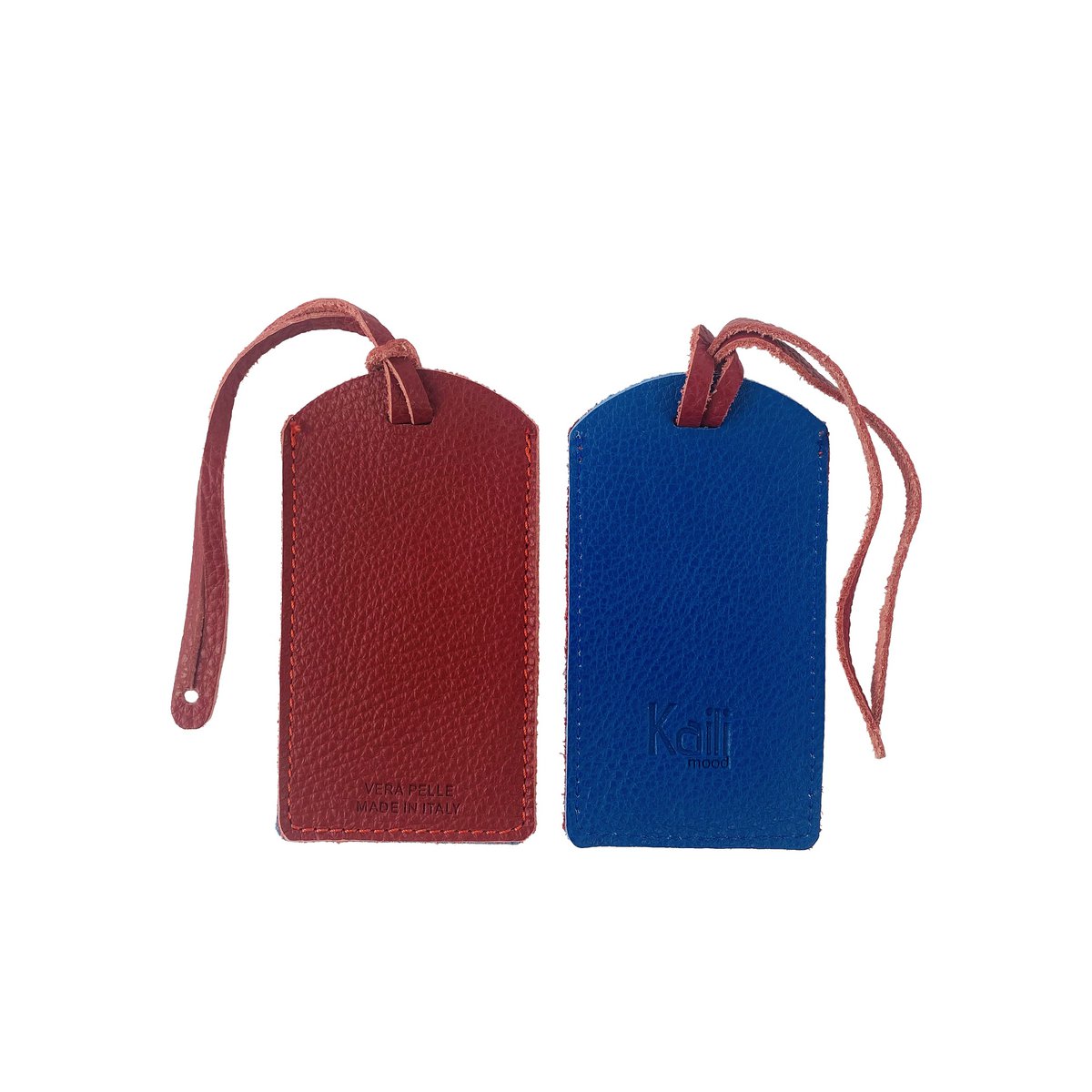 K0041VDB | Made in Italy two-tone luggage tag in genuine full-grain leather, grained dollar - Red/Blue - Dimensions: 6.5 x 12 cm - Packaging: rigid bottom/lid Gift Box