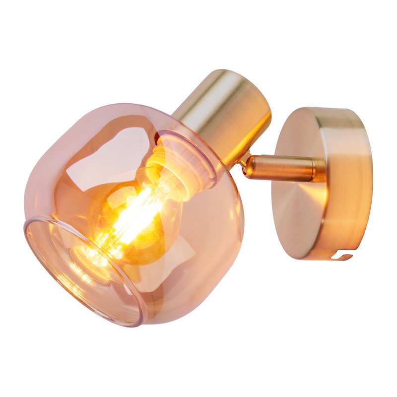 Spot muro di vetro "Libby", classica lampada da parete in metallo color ottone e vetro colorato in ambra, con presa E14, per sala da pranzo, soggiorno, corridoio o ufficio, 16 cm