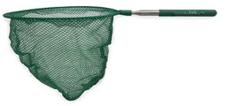 Dark green telescopic fishing net with extendable handle, mesh material, round shape, outdoor toy.
