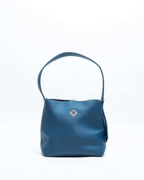 Camel-colored leather bucket bag with a simple, minimalist design and a single shoulder strap.