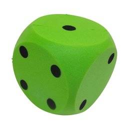 Large green foam cube with black polka dots, approximately 15 x 15 x 15 cm, suitable for educational toys and games.