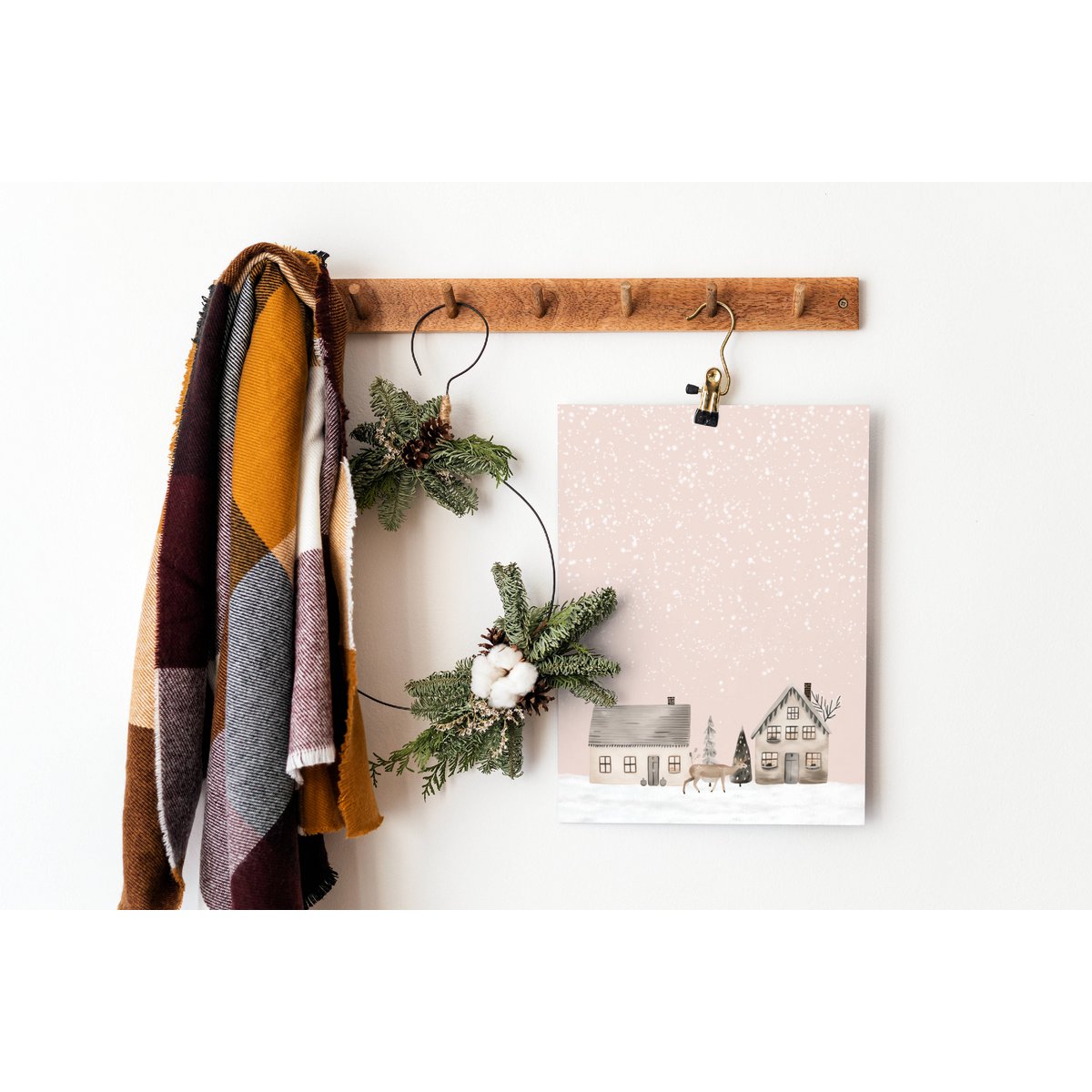 Scandinavian houses poster, winter landscape poster, Christmas poster, pink Christmas poster, Santa poster, Christmas print, Pink Christmas