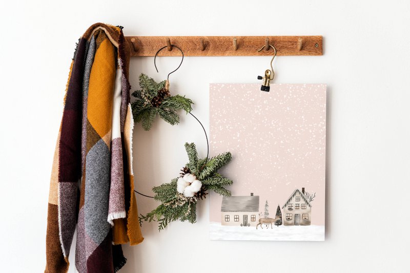 Scandinavian houses poster, winter landscape poster, Christmas poster, pink Christmas poster, Santa poster, Christmas print, Pink Christmas