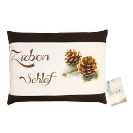 Rectangular brown cushion with text "Zirbenschlaf" and pine cones, suitable for use as a decorative pillow.
