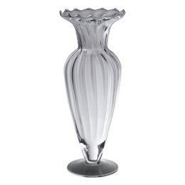 Tall, cylindrical glass vase with a flared, scalloped rim and a pedestal base. The vase has a clear, transparent glass body with a slightly textured or ribbed surface, creating a visually interesting and elegant design.