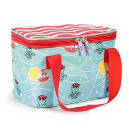  Cute thermal lunch bag with jellyfish pattern, red and turquoise colors, insulated cooler for kids toddlers.