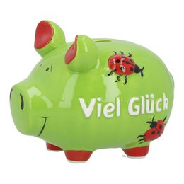 Green ceramic piggy bank with ladybugs, "Viel Glück" text, round shape, good luck design.