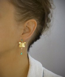 18K gold plated butterfly stud earrings with Emerald drop