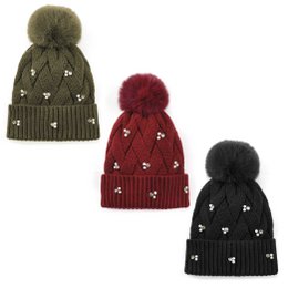 Knitted beanie hat with pom-pom and star embellishments, available in olive green, burgundy, and black colors.