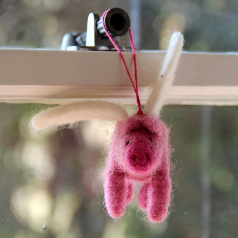 Handmade Fair trade Needle Felt Flying Pig Keyring