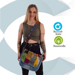 Sac à bandoulière durable Sunsa pour femmes. Sac à bandoulière fabriqué à partir de jeans recyclés et de tissu sari (toile). Sac à main style rétro vintage. Sac bandoulière pour femme.