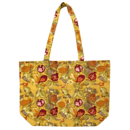 A vibrant, floral-patterned shopping bag with a mix of yellow, red, and green hues. The bag features a repeating pattern of stylized flowers and leaves, creating a cheerful and eye-catching design.