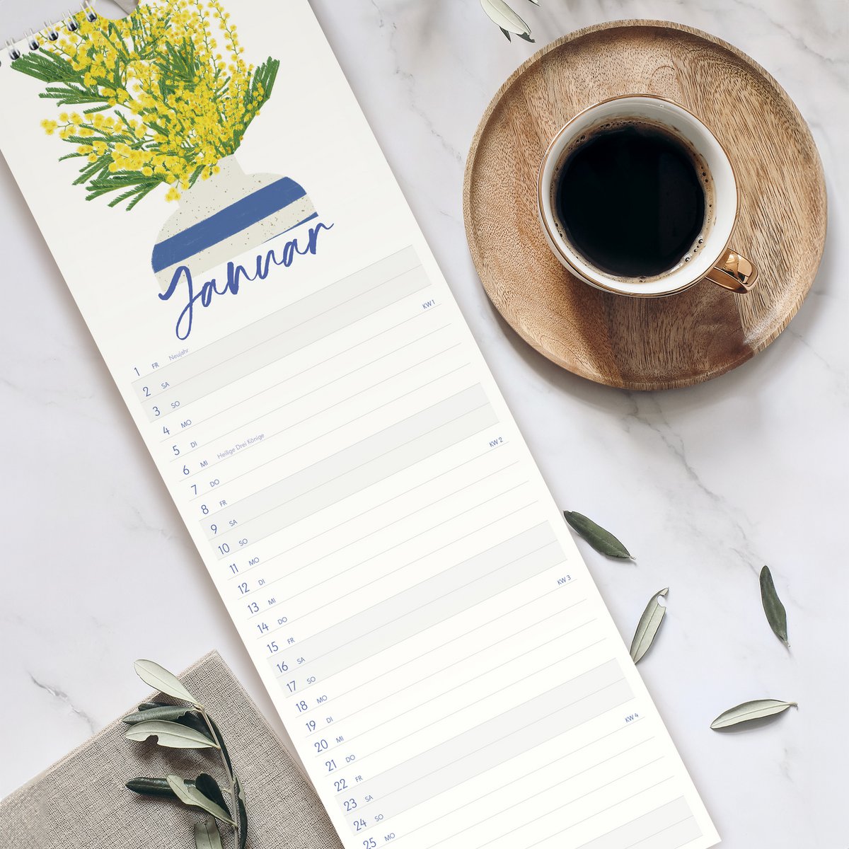 Wandkalender 2027 mit handgezeichneten Blumenvasen