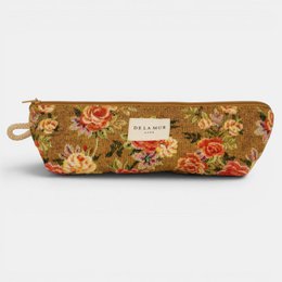 Floral pencil case, vintage rose pattern, brown gold fabric, rectangular pouch, zipper closure.