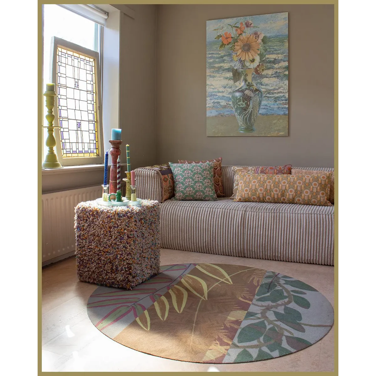 NIN-NIT | Fleurs Classiques XL | woven 100% cotton | decorative cushion with floral print | green | orange | pink | beige | yellow | multicolor | 90x35 cm