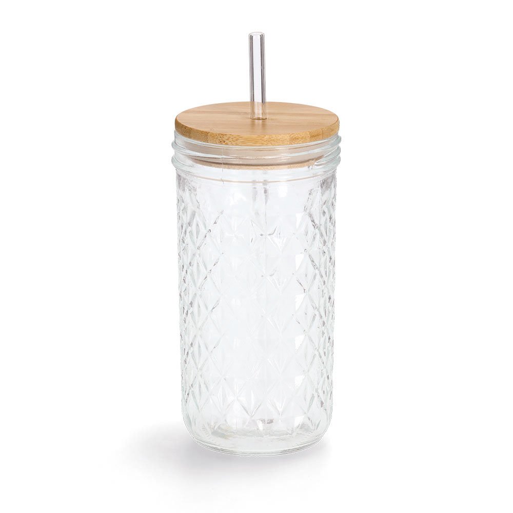 Drinking glass with bamboo lid and glass straw 580ml FSC 100%
