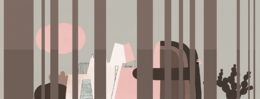 Striped pink and brown wallpaper with abstract shapes, suitable for a child's room.