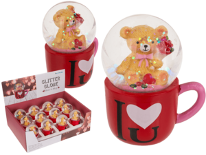 Polyresin glitter globe, bear in mug,