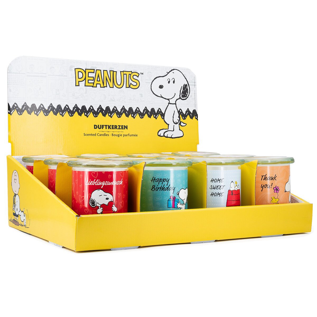 Thekendisplay Cacahuètes 12 x 250 g, 3 x Lieblingsmensch, 3 x Joyeux anniversaire, 3 x Home Sweet Home, 3 x Merci