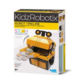 A yellow and black robot-themed coin bank with a treasure chest design. The product is part of the KidzRobotix line and is suitable for ages 8 and up.