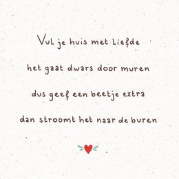 A card with a handwritten Dutch poem about filling your house with love. The card appears to be a gift card or greeting card.
