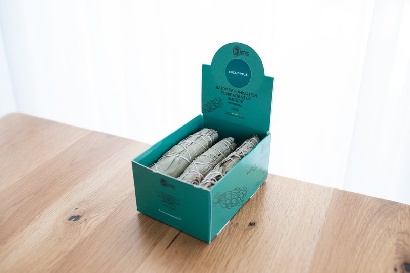 6 Eucalyptus Smudge- display box with 6 fumigation sticks at eucalyptus
