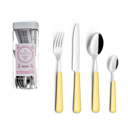 A 24-piece cutlery set in a window box, featuring a variety of colorful stainless steel utensils including forks, knives, and spoons.