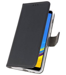 Black leather wallet case for Samsung Galaxy A7 2018 smartphone, featuring card slots and a flip cover design.